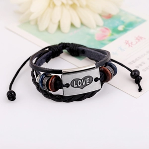 Vintage black leather multi-layer braided LOVE heart bracelet with wood beads