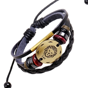 Vintage Leo Constellation Handwoven Leather Bracelet For Men Multilayer Punk Lion Head Wood Beads Adjustable Jewelry Gift
