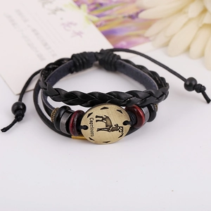 Bracciale in pelle fatto a mano Capricorno con ciondolo zodiacale in bronzo vintage e perline