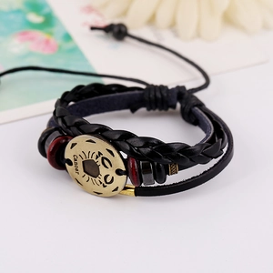 Punk vintage leather braided bracelet featuring a Cancer zodiac sign bronze metal plate