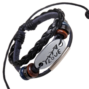 Vintage Punk Multi-Layer Braided Leather Bracelet For Men Women Alloy LOVE Letter Charm Wood Bead Adjustable Wristband Jewelry