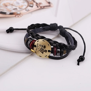 Handmade woven leather Aquarius zodiac bracelet with bronze charm and wooden beads
