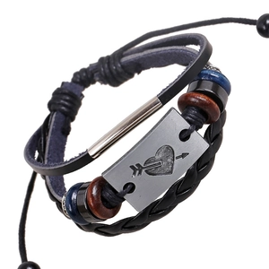 Punk Rétro Bracelet Tressé en Cuir Multicouche Pour Hommes Femmes Avec Plaque Métal Cœur Flèche Perles Bois Réglable Bijoux
