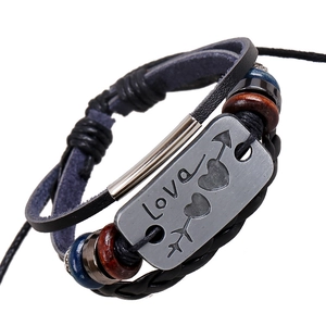 Vintage Punk Multilayer Woven Cowhide Leather Bracelet For Men Women With Love Heart Arrow Alloy Plaque Wooden Beads Jewelry Gift