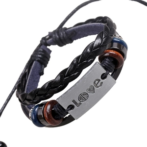 Vintage Punk Cowhide Leather Woven Bracelet For Men Women Alloy LOVE Plate Peace Heart Charm Multi-layer Beaded Wristband