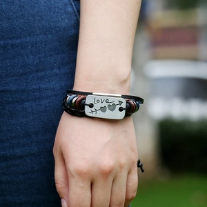 Punk vintage leather layered bracelet with Love heart engraving and blue beads