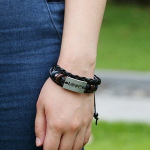 Retro multi-layer leather bracelet with LOVE engraved metal plate and heart beads