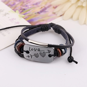 Punk vintage silver alloy and multi-layer braided leather bracelet with Love heart charm