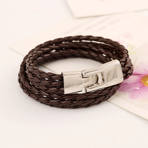 Braided dark brown leather multi-strand bracelet with a silver metal clasp closure