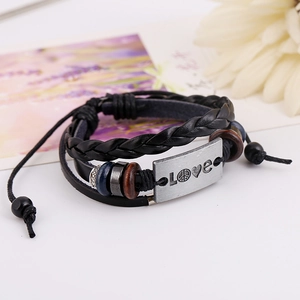 Punk vintage black leather bracelet with antique silver LOVE plaque and colorful beads