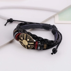 Retro punk multilayer leather braided bracelet with bronze star charm and wooden beads
