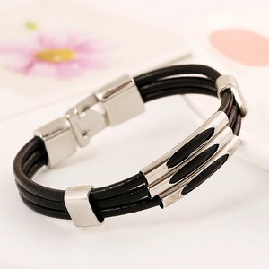 Men's multi-layer black genuine leather bracelet with polished silver stainless steel tube