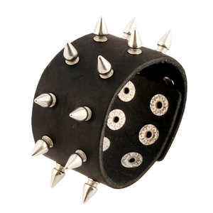 Punk Rock Genuine Leather Bracelet With Silver Cone Rivets Adjustable Metal Studded Wristband For Men Women Jewelry