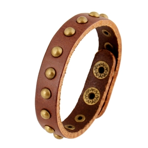 Handmade Punk Genuine Cowhide Leather Bracelet For Men Women Vintage Alloy Rivet Adjustable Rock Style Unisex Wristband Jewelry