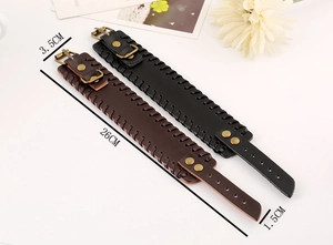 Detailed view of woven leather bracelets in black and brown with metal buckle and dimensions