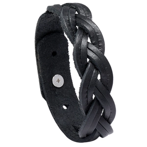 Minimalist black braided leather bracelet with adjustable silver metal buckle