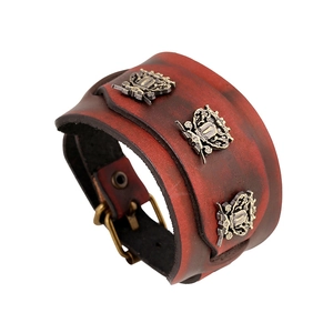 Vintage Punk Wide Leather Bracelet With Alloy Crown Shield Charms Gothic Handcrafted Cowhide Wristband For Men Women