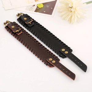Retro punk style braided leather bracelets in black and brown with antique bronze buckles