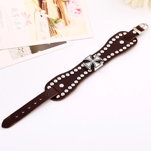 Vintage punk brown leather wristband with silver Maltese cross and metal rivets