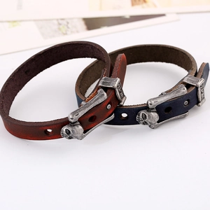 Vintage punk leather bracelets with skull alloy buckle in brown and dark blue