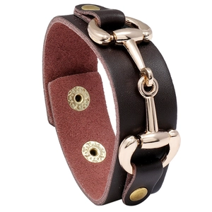 Vintage Cowhide Leather Horsebit Cuff Bracelet For Men Women Retro Punk Adjustable Snap Button Metal Buckle Jewelry Gift