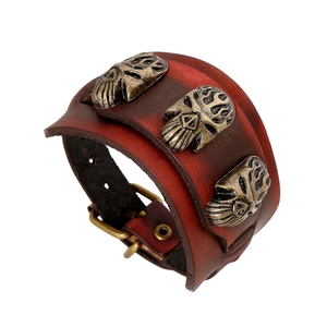 Bracelet Large en Cuir Véritable Punk Vintage Tête de Mort en Bronze Gaufré Sangle à Boucle Réglable Bijoux Gothic Rock pour Hommes Femmes