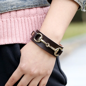 Minimalist wide brown leather horsebit bracelet with vintage gold metal buckle for women