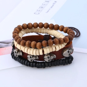 Ensemble de bracelets multicouches en cuir rétro avec crâne et perles de bois