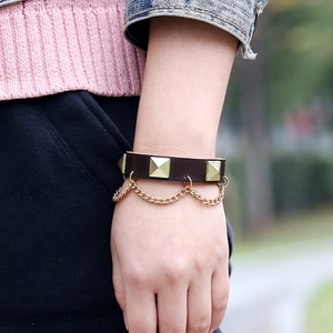 Retro punk brown leather bracelet with gold square studs and dangling chains for women