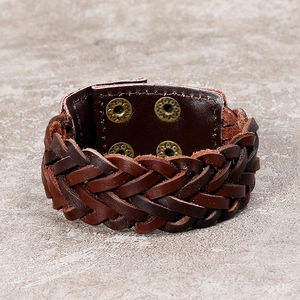 Retro wide braided leather bracelet in dark brown with adjustable antique bronze buckles