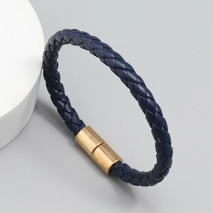 Handmade multilayer dark blue braided leather bracelet with golden magnetic clasp for men