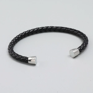 Minimalist black multi-layer braided leather bracelet with silver magnetic metal clasp