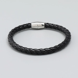 Minimalist black braided leather bracelet for men with silver magnetic metal clasp