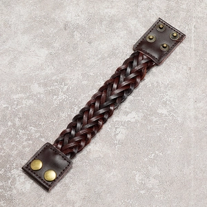 Retro wide woven dark brown leather bracelet with vintage gold metal buckles for men