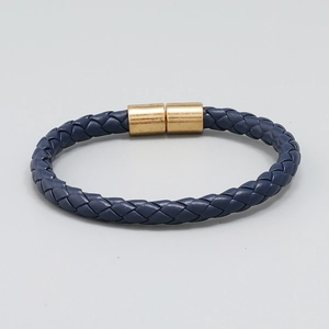Men's navy blue braided leather multi-layer bracelet with gold cylindrical magnetic clasp