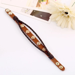 Vintage multi-layer brown leather bracelet with golden rose studs and woven rope details