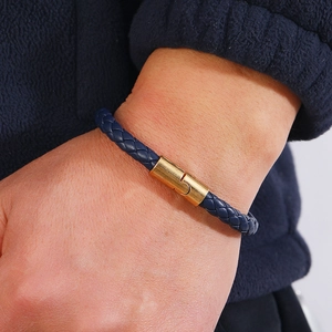 Handmade navy braided leather bracelet with magnetic gold metal clasp for men and women