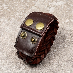 Vintage dark brown braided leather bracelet with bronze metallic snap buttons for men