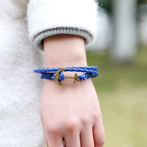 Multi-layer navy blue braided leather nautical bracelet with bronze anchor charm