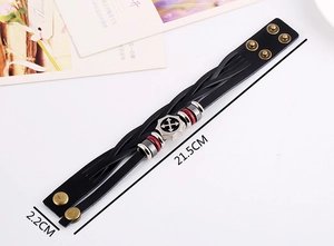 Detail view of woven leather bracelet showing dimensions 21.5cm length and 2.2cm width