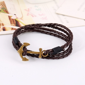 Handcrafted multilayer brown leather bracelet with antique bronze anchor clasp fastener