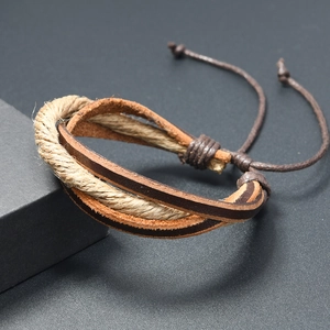 Multilayer braided leather and hemp rope bracelet with adjustable cord closure