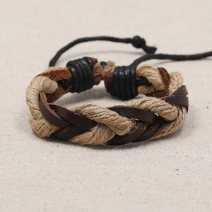 Retro multi-layer braided hemp rope and brown leather bracelet with adjustable cord