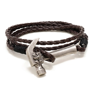 Braided multi-layer leather bracelet for men featuring a vintage silver hammer charm