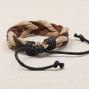 Retro multi-layer hand-woven leather bracelet with twisted hemp rope and adjustable cord