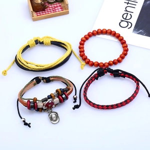Retro bohemian 4-piece multilayer woven leather and bead bracelet set with silver hat charm