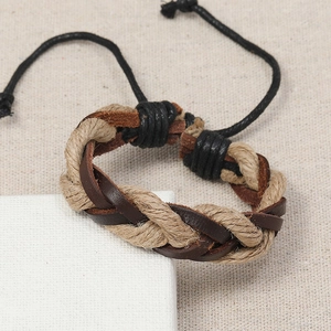 Vintage layered leather and hemp rope braided bracelet with adjustable cord closure
