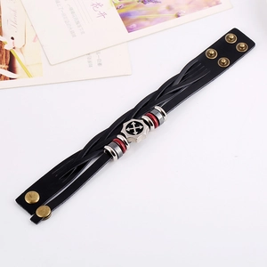 Men's retro leather bracelet with woven details and vintage cross arrow metal badge