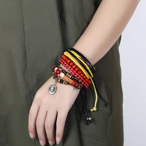 Bohemian multilayer woven leather bracelet set with wooden beads and cowboy hat pendant