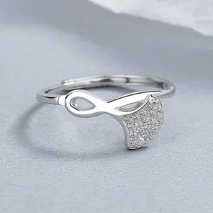 Detailed close-up of S925 silver ginkgo leaf ring featuring sparkling zircon pavé setting